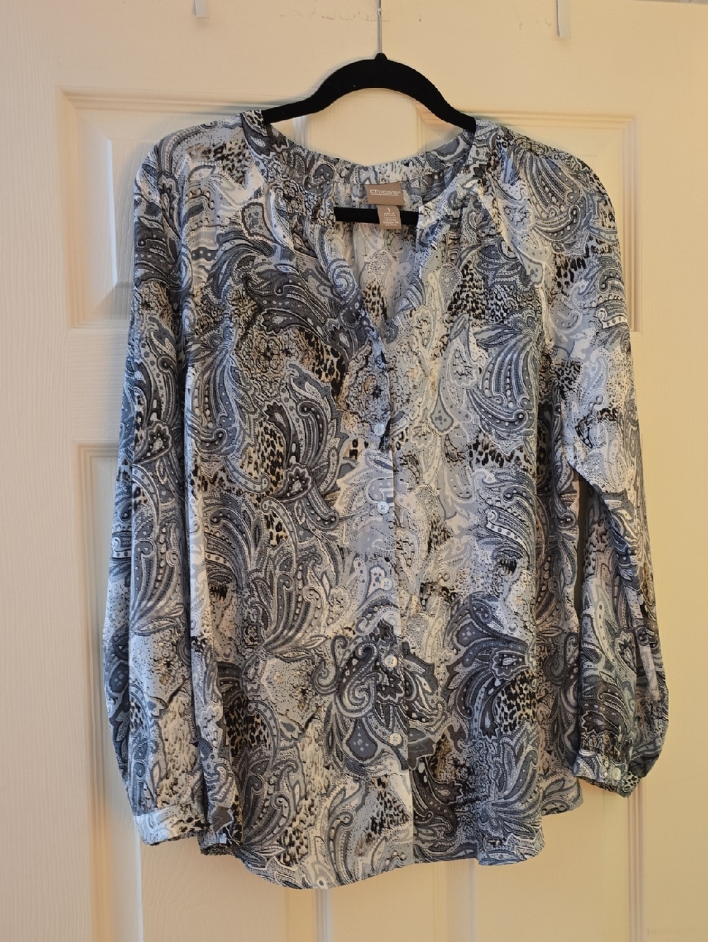Chico's Gray Blue and White Paisley With Small Patches Of Tan Leopard Blouse
